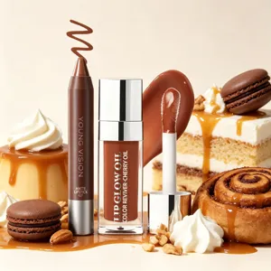 Vue détaillée de l'ensemble d'huile à lèvres et crayon mat chocolat avec des desserts gourmands.