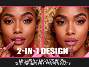 Close-up shot showing 2-in-1 lip liner and lipstick application with rich color finish.