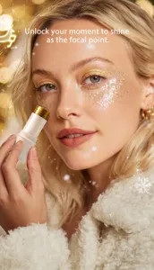 Close-up detail of a shimmering body glitter stick and dazzling facial makeup styling.