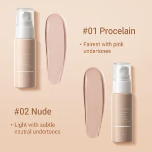 Λεπτομέρεια υγρού make-up YOUNG VISION με αποχρώσεις 01 Porcelain και 02 Nude και δείγματα.