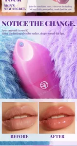 Close-up of pink egg-shaped lip balm with furry background and lip moisture effect.