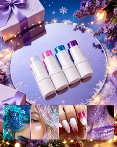 Detailed view of colorful glitter stick cosmetic sets for face body hair and festival makeup.