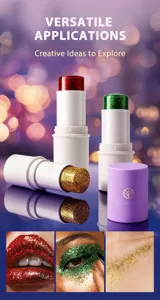 Versatile glitter makeup stick for face body and lips, vibrant sparkle festival cosmetic.