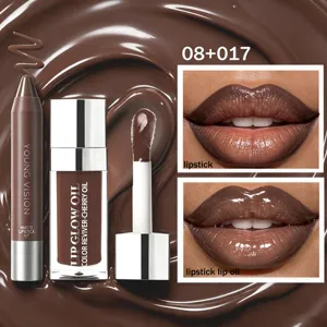 Détail du set huile à lèvres et crayon contour chocolat YOUNG VISION avec teintes marron.