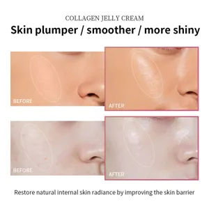 Détail de crème gélifiée au collagène montrant l'effet repulpant, lissant et l'éclat.