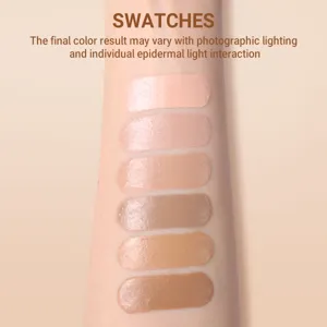 Ματ υγρό foundation παρουσίαση swatches 6 χρωμάτων στο χέρι που δείχνει αποχρώσεις.