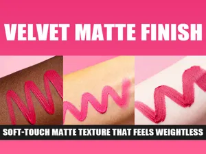Velvet matte finish lipstick swatch detail on multiple skin tones, smooth texture.