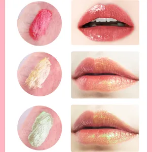 Glossy lip tint swatch detail showing colorful shimmer and moisturizing jelly texture.