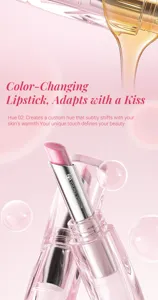Close-up detail of color-changing pink crystal lipstick with nourishing texture and honey drops.