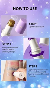 Detailed instruction graphic showcasing glitter makeup stick application steps on skin.