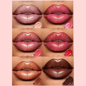 6-color moisturizing lipstick shade detail view, creamy texture lip gloss makeup close up.