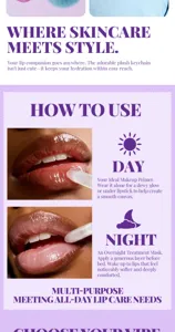Hydrating lip mask and plush keychain set with day and night care for soft lips.