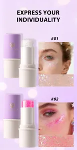 Detailed view of glitter highlighter stick with sparkling face makeup swatches and shade codes.