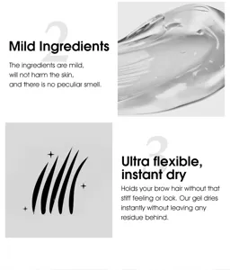 Detailed view of clear eyebrow gel showing mild formula, quick dry and flexible hold.