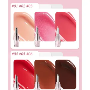 Detailed color swatch view of 6 moisturizing lipstick shades, creamy texture and vibrant gloss.