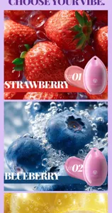 Detail view of the egg-shaped fruit lip balm showing strawberry and blueberry flavor options.