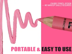 Detail view of the wooden lip liner pencil showing smooth pink swatch and precise tip.