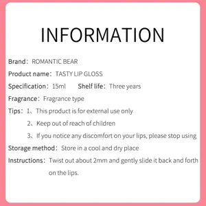 Product detail specifications and usage instructions for the shimmering lip gloss.