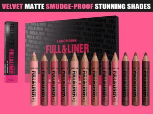 Detailed view of twelve colorful velvet matte lip pencils with neat box packaging.