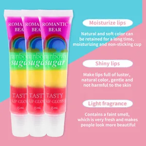 Romantic Bear rainbow lip gloss detail view, 15ml moisturizing and shiny lip tint for women.