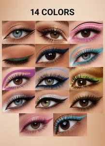 Close-up detail showcasing 14 vibrant color options for eye makeup looks and swatches.