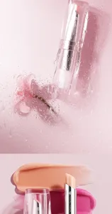 Discover moisturizing color changing lip balm with glossy clear tube and pink shade swatch.