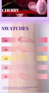 Detailed arm swatch showing five vibrant lip gloss shades with glossy texture and fruit theme.