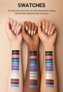Multi-color eyeliner and eyeshadow pencil swatch detail showing rich shades on skin.