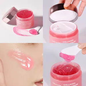 Vue détaillée de la crème gel de collagène rose avec texture lisse, pot et spatule.