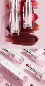 Transparent pink color changing moisturizing lipstick set with elegant packaging and swatches.
