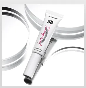 Detail shot of Langmanni 3D transparent eyebrow glue tube, clear texture and portable design.