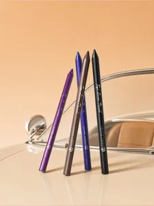 Detailed shot of multi-color eyeliner pencils showcased on vintage cream aesthetic background.