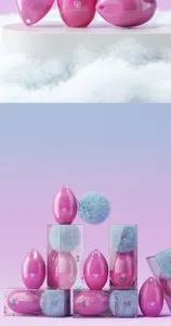 Close-up detail shot of cute egg-shaped lip mask with fluffy blue pom-pom keychain packaging.