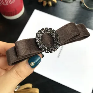 Brown velvet bow hair clip with oval rhinestone crystal buckle elegant hair accessory for women
