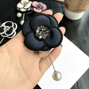 Elegant rhinestone camellia brooch with pearl pendant, vintage fabric flower pin for women.