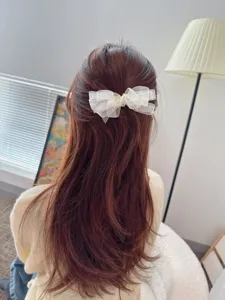 White mesh bow hair clip, sweet fairy style hairpin for women, elegant back head hair accessory.