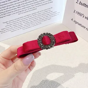 Red velvet bow hair clip with rhinestone oval buckle, elegant vintage spring clip for women.
