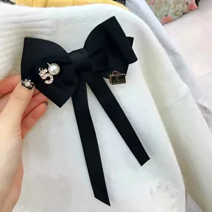 Koreanischer Stil Schwarzer Stoff Schleife Kragen Nadel Brosche Mit Künstlicher Perle Strass Anhänger Damen Mode Kleidung Zubehör
