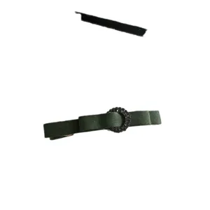 Dark green satin bow hair clip with rhinestone circle, small duckbill hair accessory.