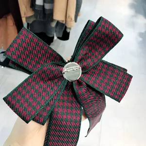 Houndstooth bow brooch detail, vintage red green fabric collar pin for women fashion accessories.