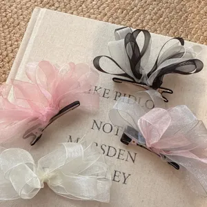 Korean style mesh bow hair clips for women, cute sweet duckbill side clips sweet hairpins.
