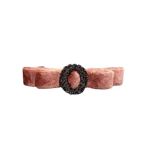 Pink velvet hair clip with rhinestone oval buckle, elegant retro bow barrette for women.