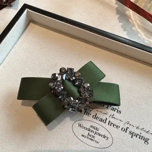 Dark green satin bow hair clip with sparkling dark rhinestones elegant retro design accessory