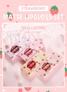 Cute strawberry matte lipgloss set with three velvet liquid lipsticks in a gift box.