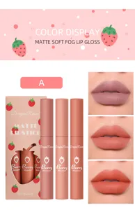 Matte soft fog lip gloss set detail view, cute strawberry theme packaging and lip swatches.
