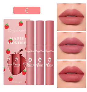 3-Piece Velvet Matte Lip Gloss Strawberry Set Long Lasting Waterproof Makeup Lipstick