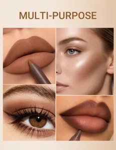 Close-up detail of multi-purpose matte chocolate lipstick pencil for gradient makeup looks.