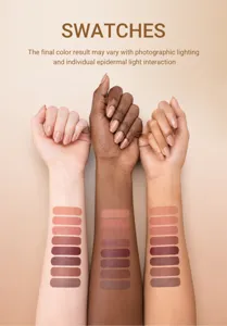 Lip product color swatches showing multiple matte and glossy shades on three different skin tones.