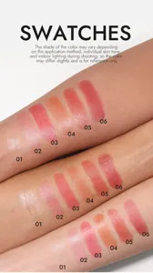 Imagen de muestra de brillo labial con seis tonos vibrantes en diferentes tonos de piel.