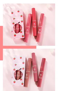 Detail shot of strawberry matte lipstick set showcasing velvety texture and cute pink packaging.